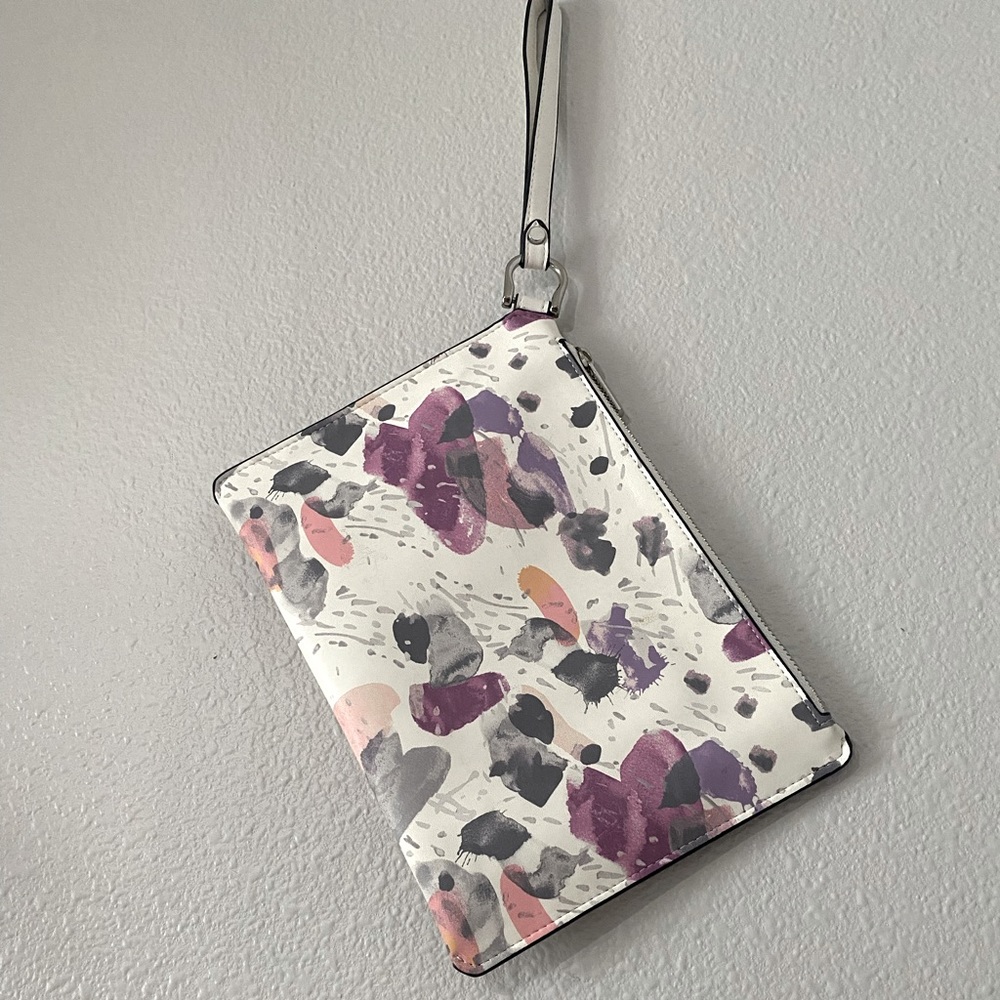 NWOT ‘A new day’ Vegan clutch wristlet, white floral purple